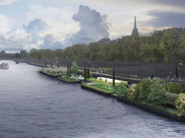 Omgekeerde landschappelijke openbare ruimten aan de oevers van de Seine, Parijs.
